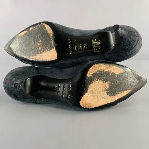 SERGIO ROSSI Size 6.5 Navy Suede Perforated Kitten Heel Pumps